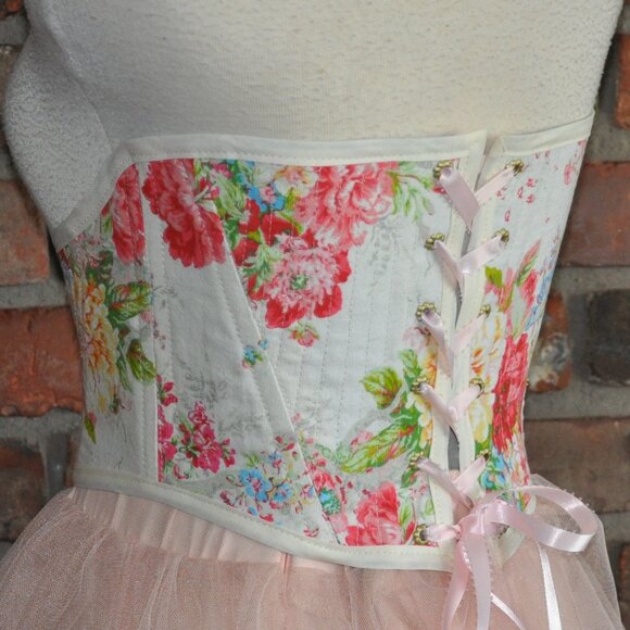 New Reversible Back & Front Lace-up Corset Belt, Floral & Upcycled Demin XS - Picture 2 of 11